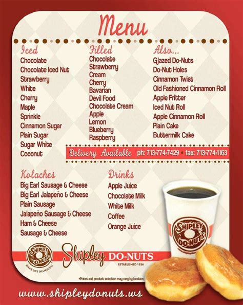 Shipley donut menu - Tuesday 6:00am - 6:00pm. Wednesday 6:00am - 6:00pm. Thursday 6:00am - 6:00pm. Friday 6:00am - 6:00pm. Saturday 6:00am - 6:00pm. Sunday 6:00am - 6:00pm. Do …